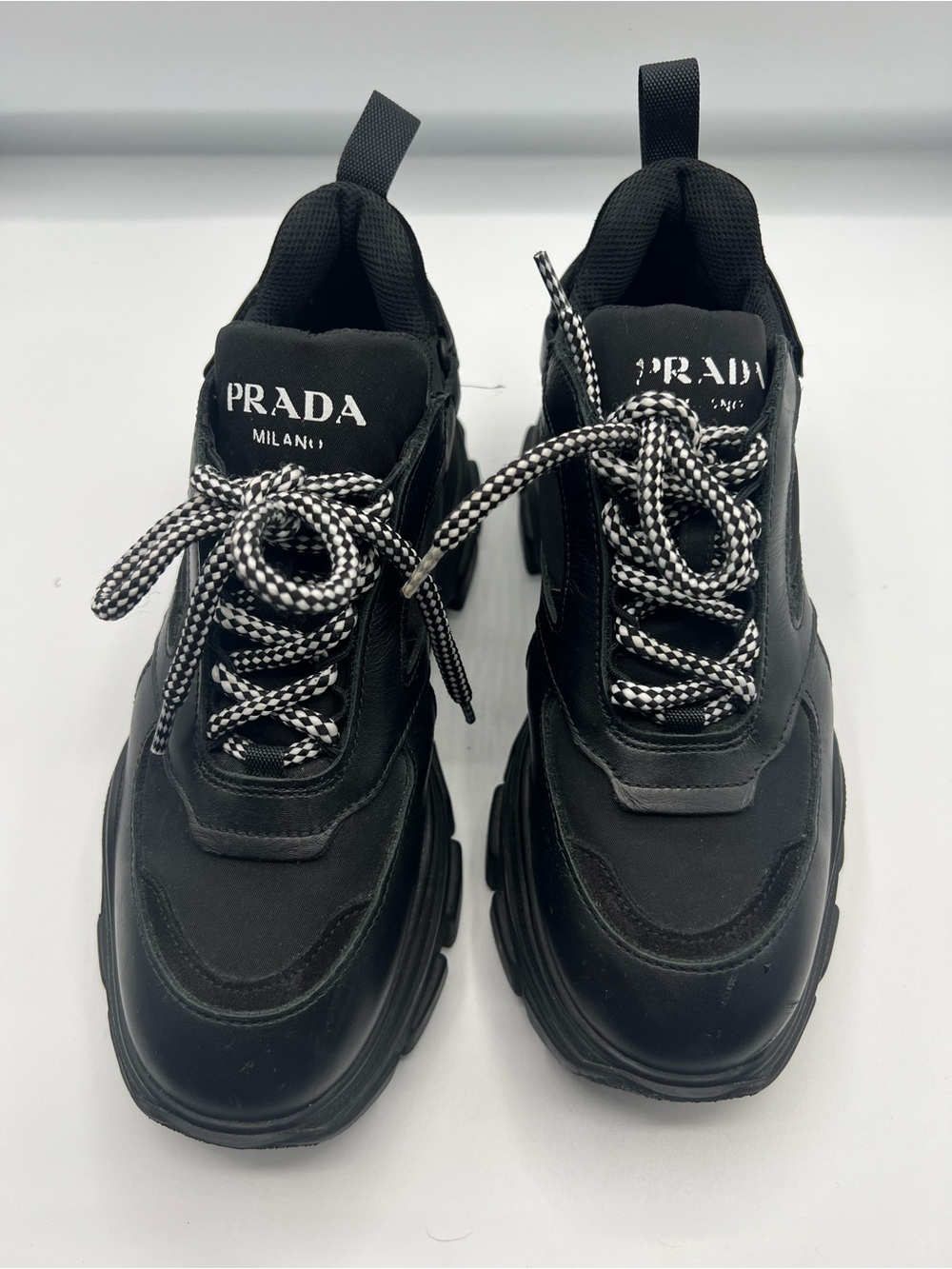 Prada Black Platform Lace-Up Sneakers with Black-and-White Laces
